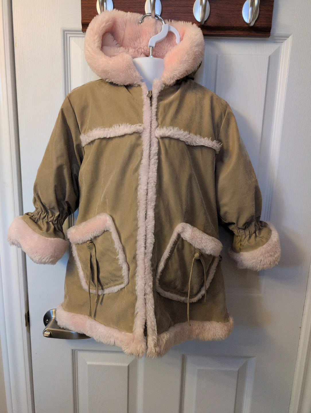 Children's Tan & Pink Faux Suede Sherpa Lined Hooded Jacket