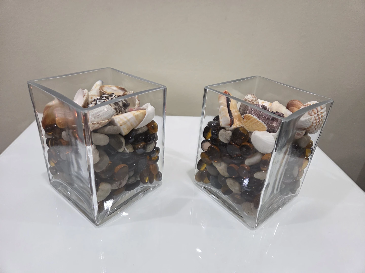 Set of 2 Glass Vases with Shells and Stones