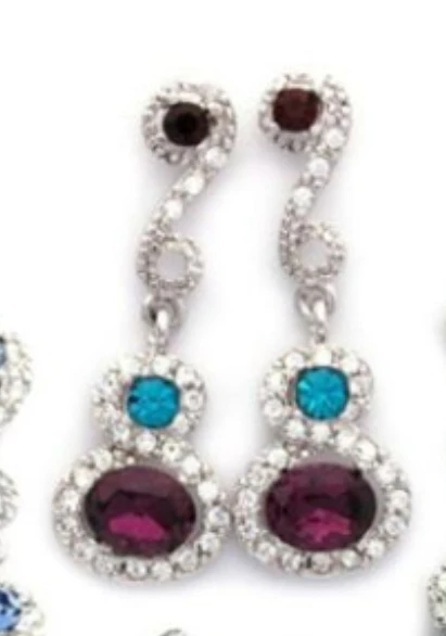 Rhinestone Dangle Earrings with Purple and Teal Gems