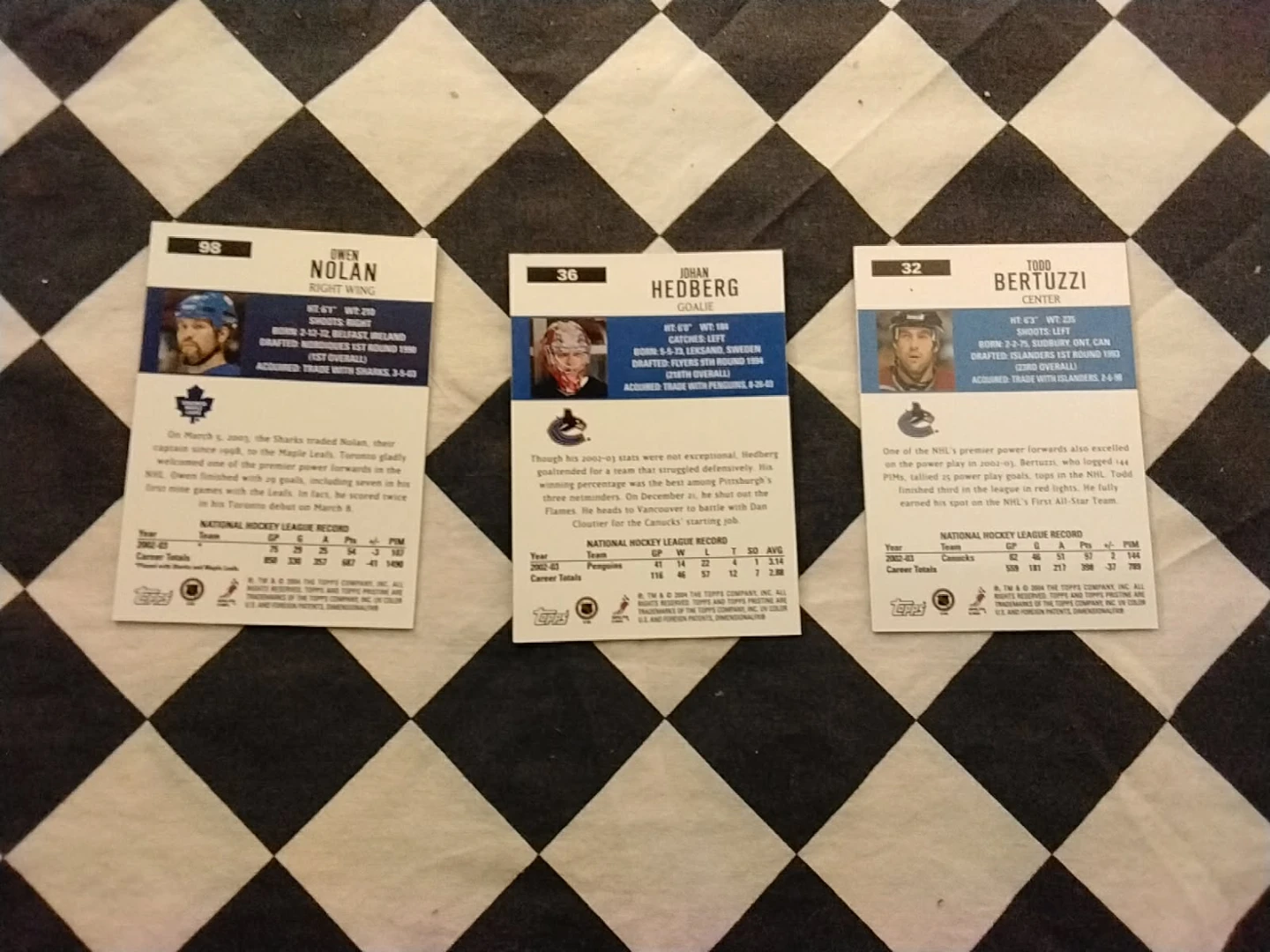 2003-04 NHL Topps Hockey Cards - Bertuzzi, Hedberg, Nolan - photo 2