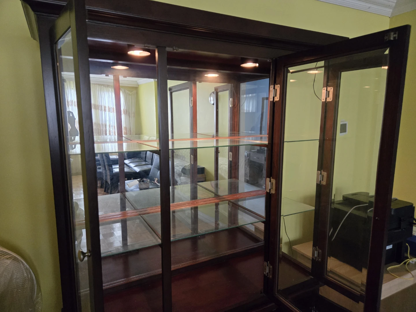 Dark Wood Display Cabinet with Glass Doors and Drawers