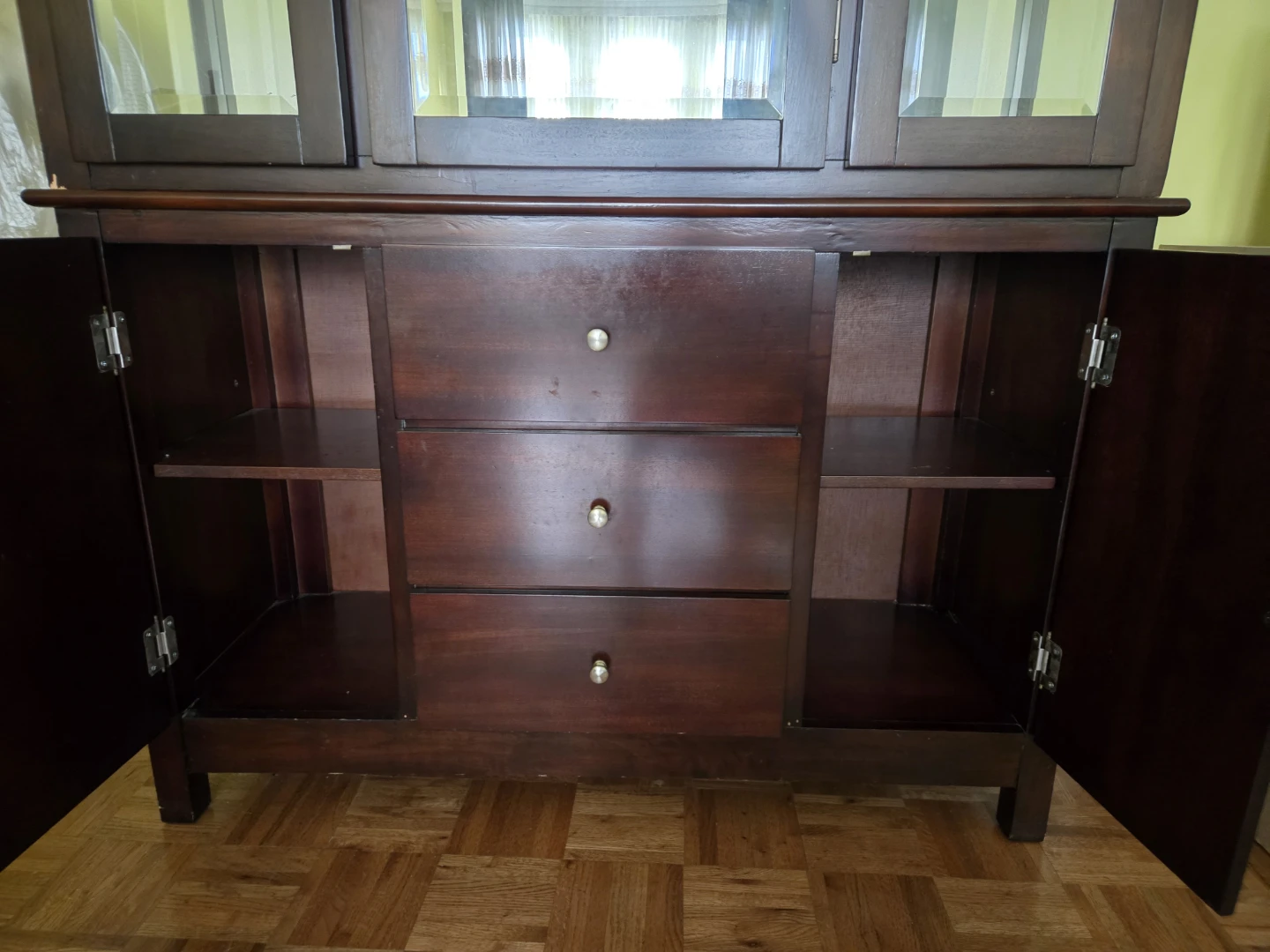 Dark Wood Display Cabinet with Glass Doors and Drawers - photo 3