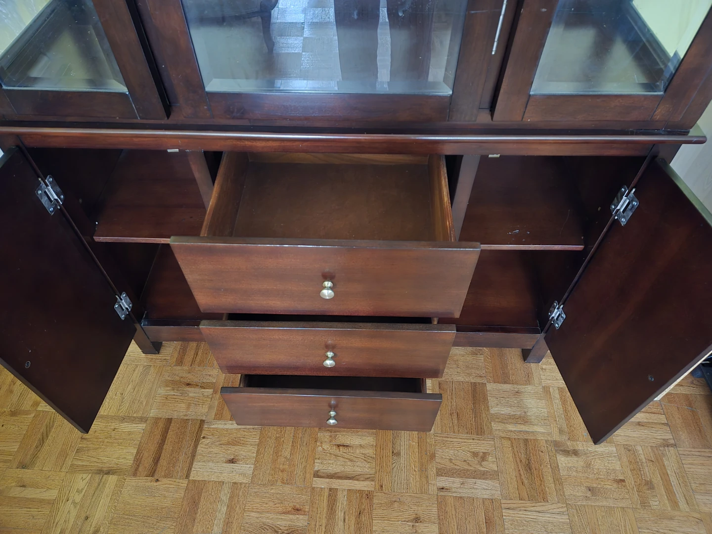 Dark Wood Display Cabinet with Glass Doors and Drawers - photo 4