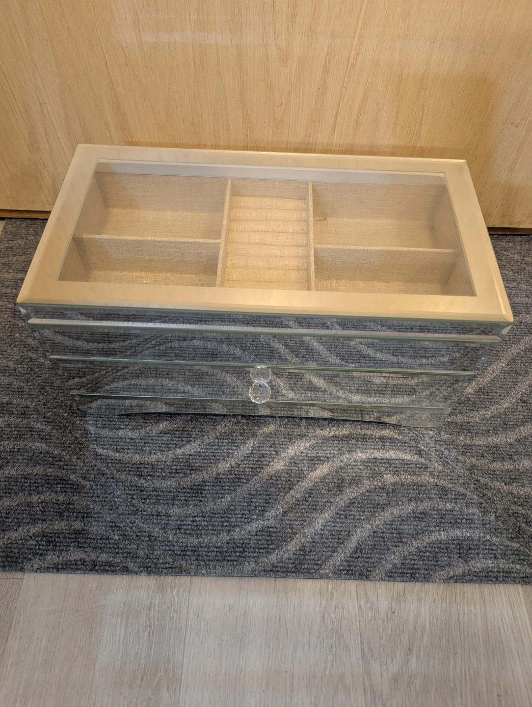 Mirror Jewelry Box with Glass Lid and Drawer