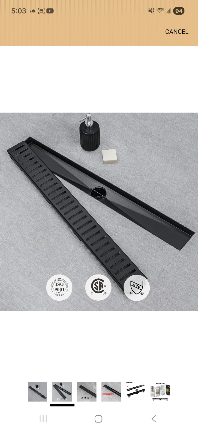 SaniteModar Linear Shower Drain, Matte Black Shower Drain