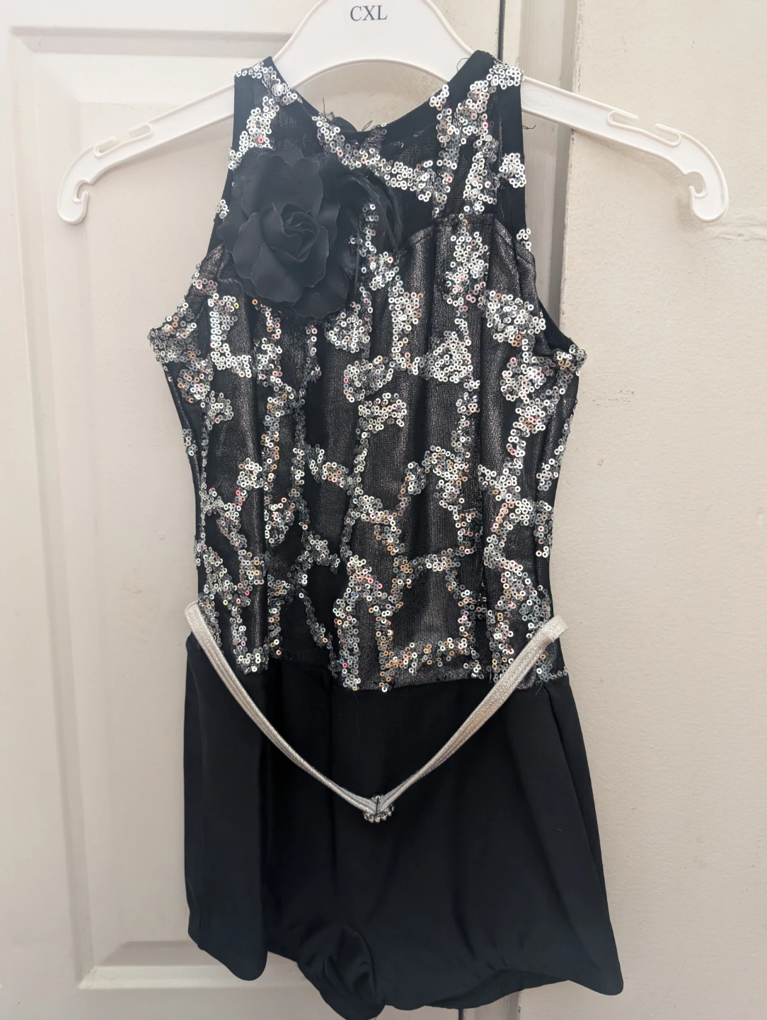 Child's Black Sequin Dance Leotard with Flower Detail