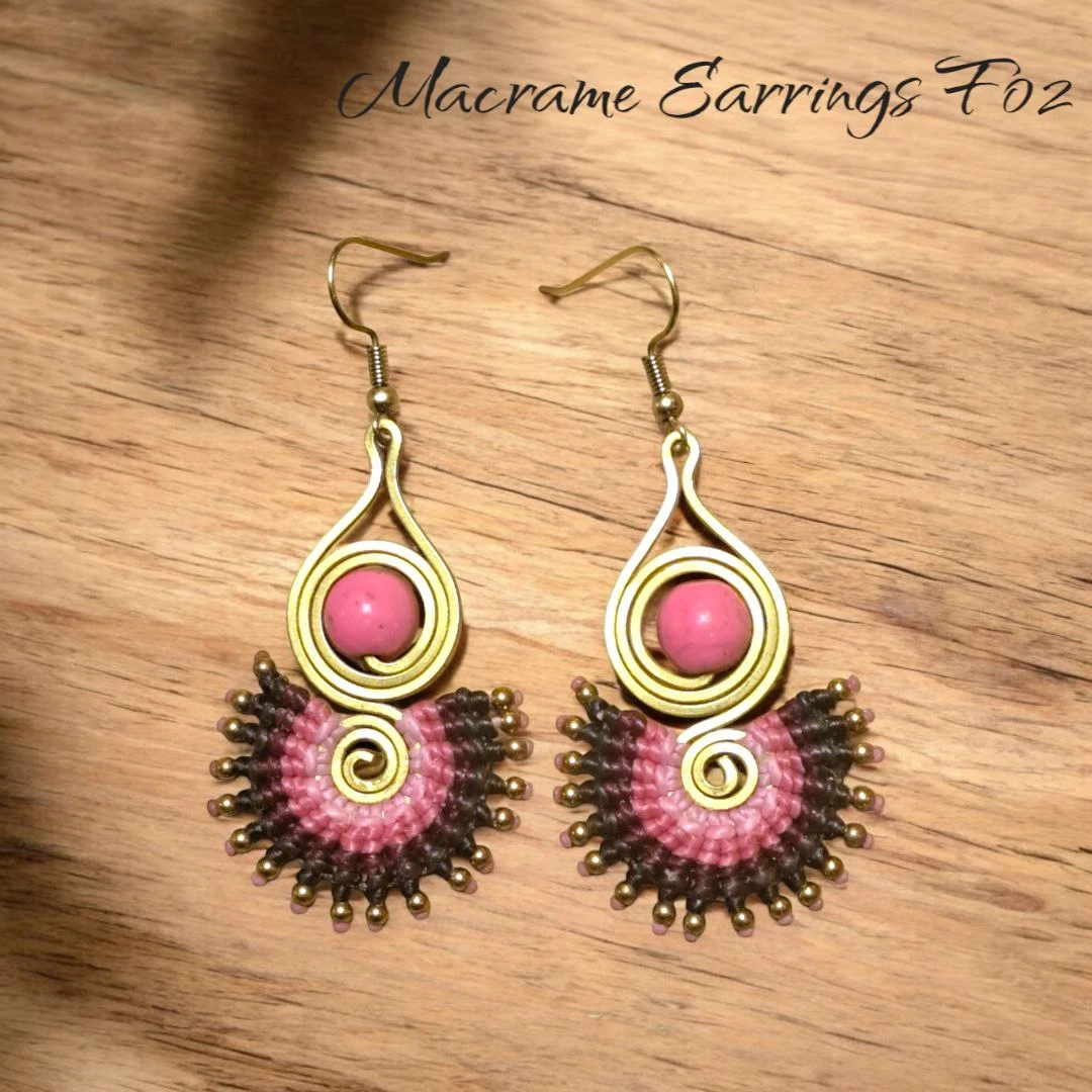 Handmade Macrame Earrings with Pink Beads F02🏆