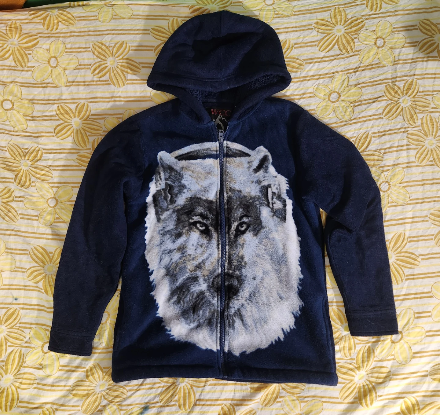 Navy blue fuzzy hoodie with wolf design