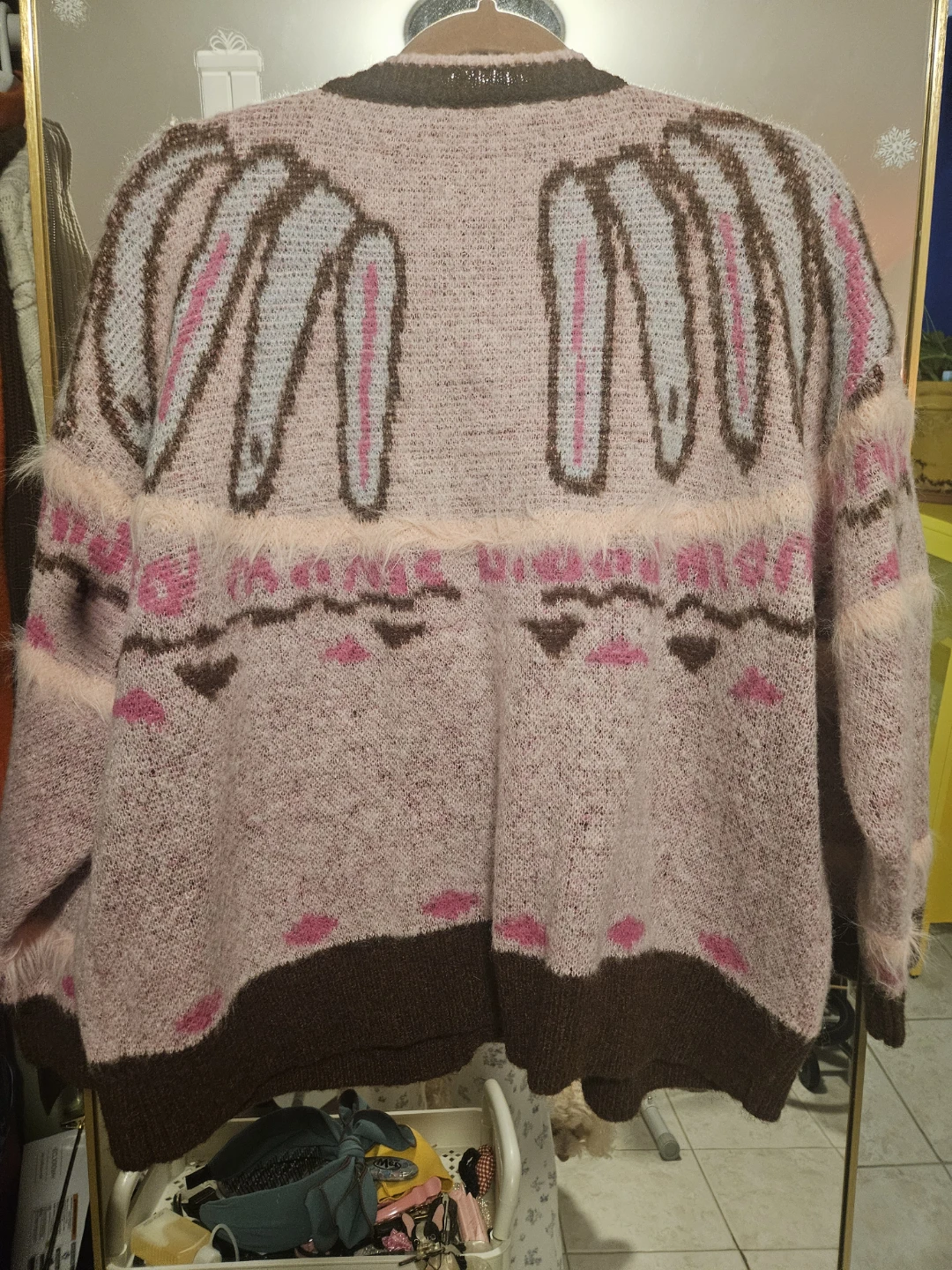 Pink Knit Cardigan with Bunny Design