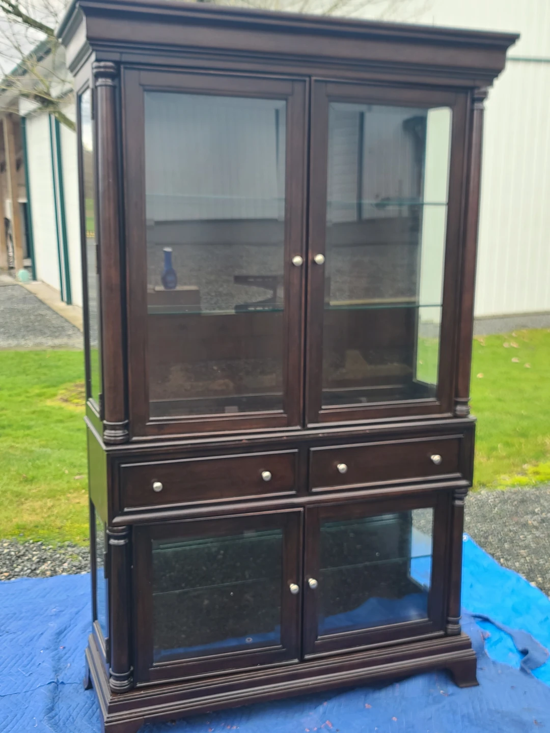 Dark Wood Display Cabinet with Glass Doors and Drawers