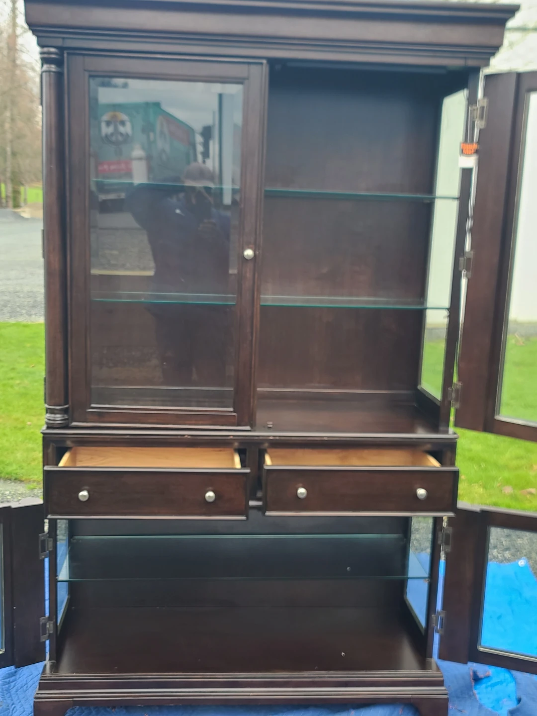 Dark Wood Display Cabinet with Glass Doors and Drawers - photo 2