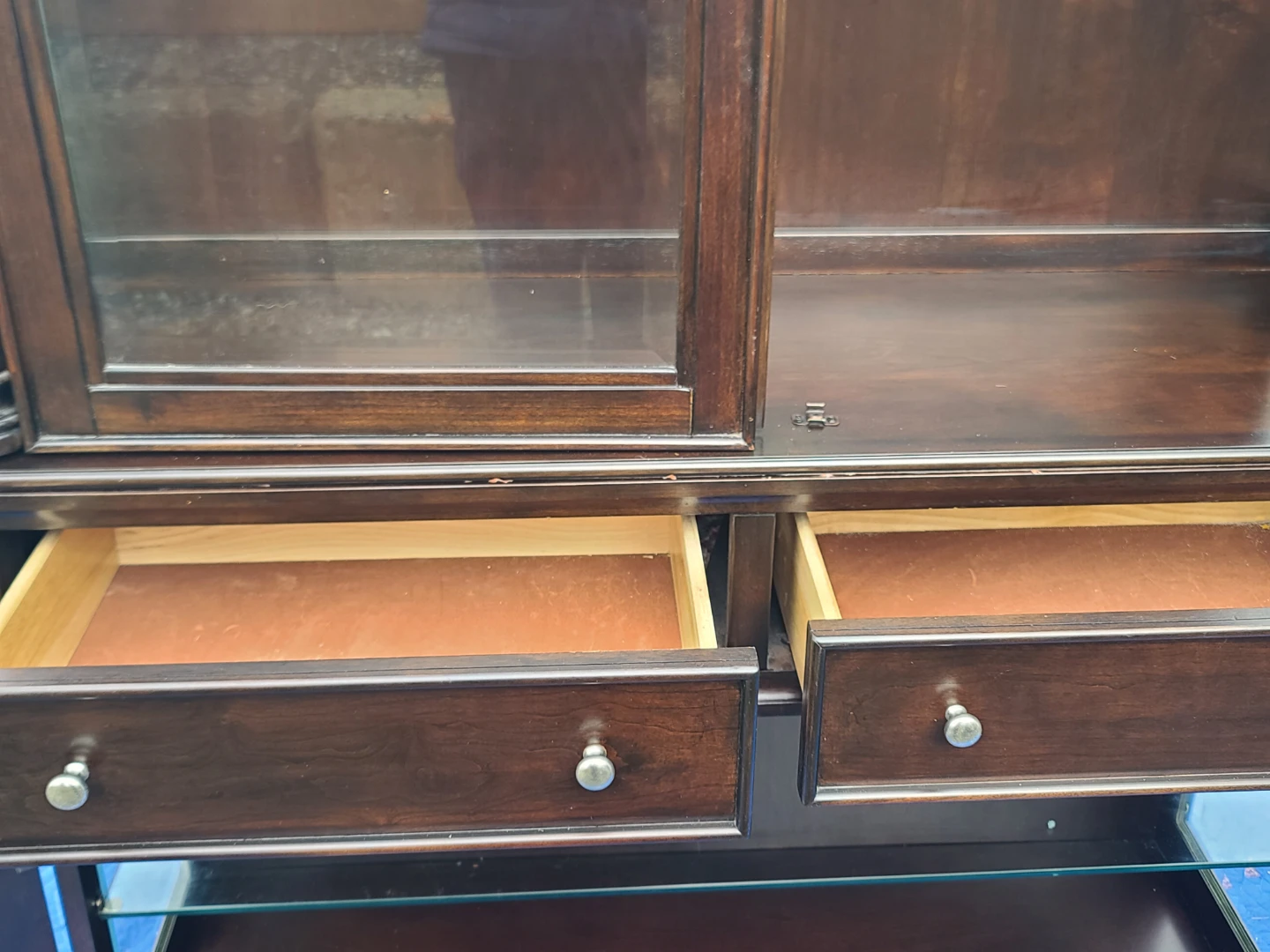 Dark Wood Display Cabinet with Glass Doors and Drawers - photo 4