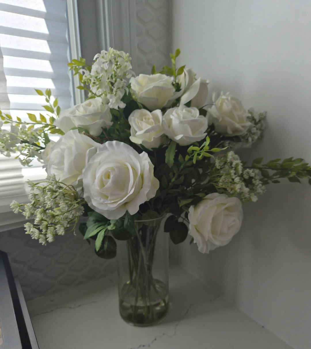 White Artificial Rose Bouquet with Glass Vase