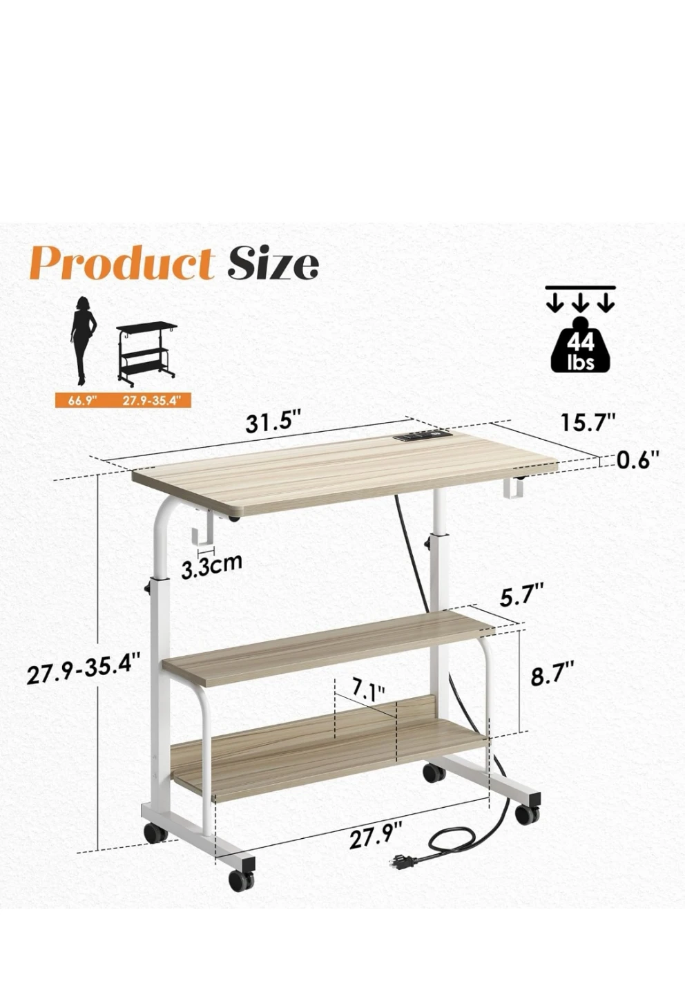 Adjustable Rolling Laptop Cart with 2 Shelves - photo 2