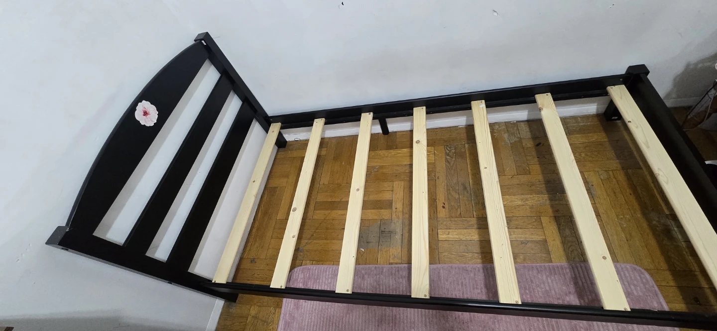 Black and White Striped Toddler Bed Frame with Flower Accent