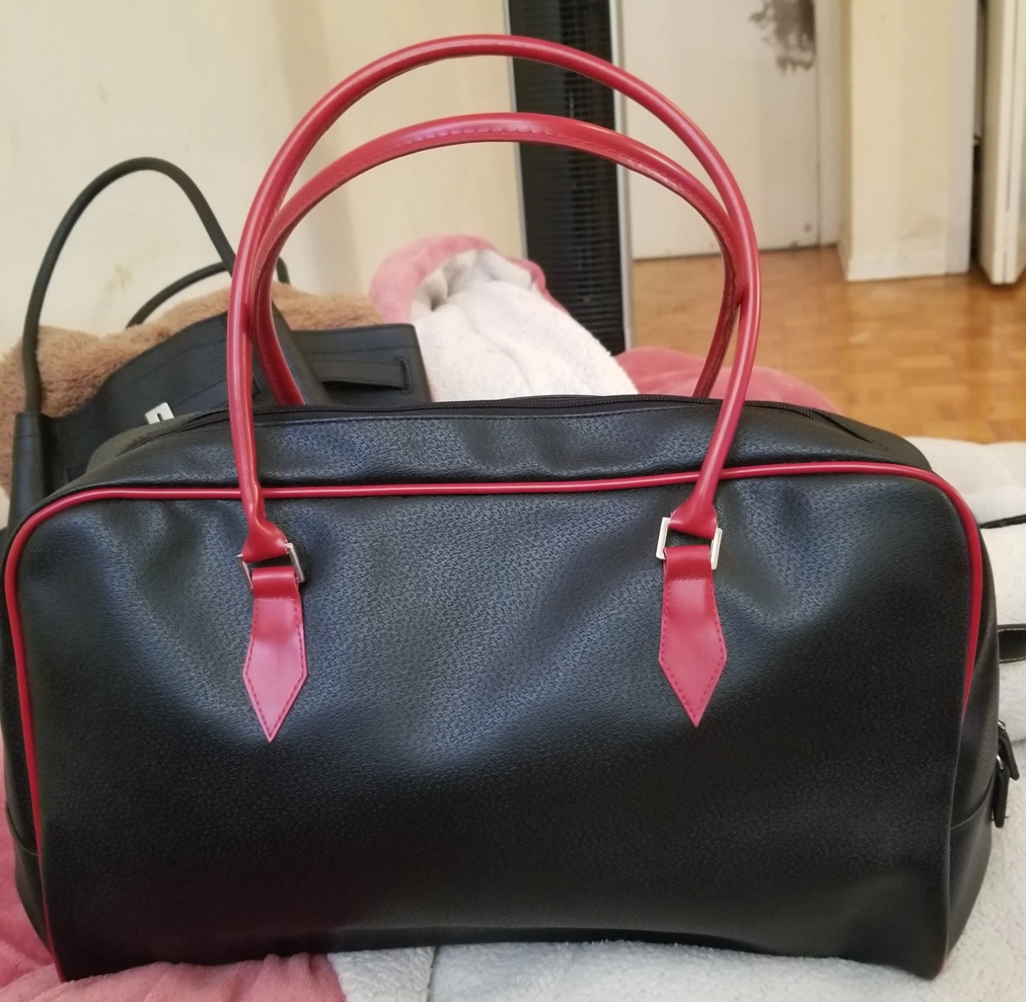 Black and Red Faux Leather Duffel Bag