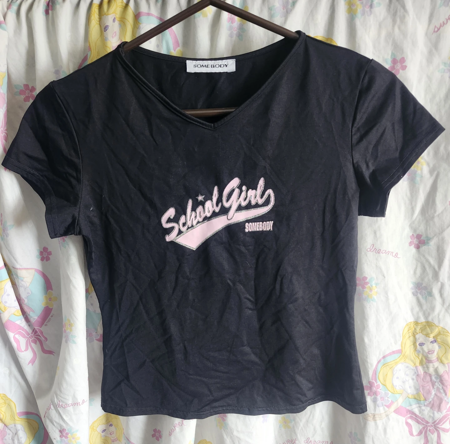 Black and pink "school girl" crop top baby tee
