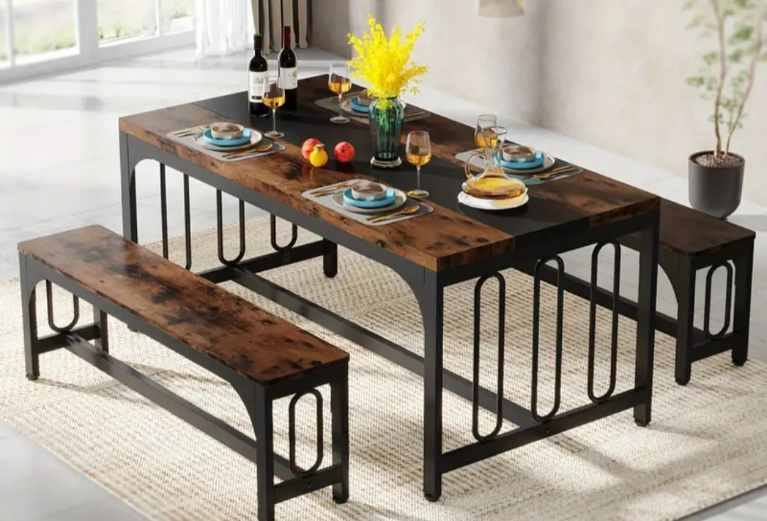 Rustic Wood Dining Table with 2 Benches