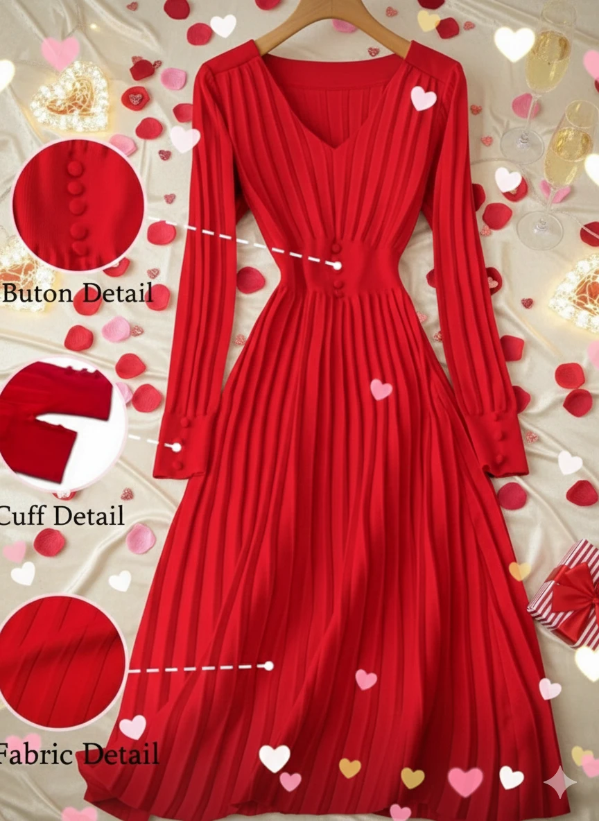 Red Pleated Midi Dress with Button Detail