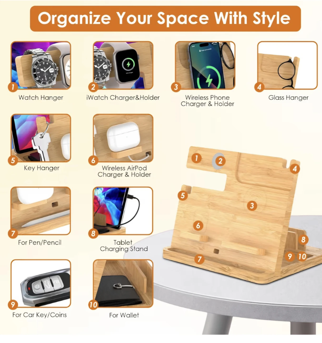 Bamboo Fast Wireless Charging Station Stand, Desk Organizer - photo 2