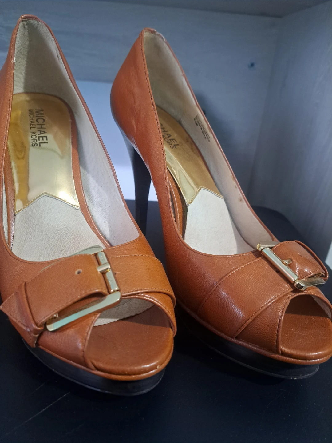 Michael Kors Brown Leather Peep-Toe Heels - Size 8.5M