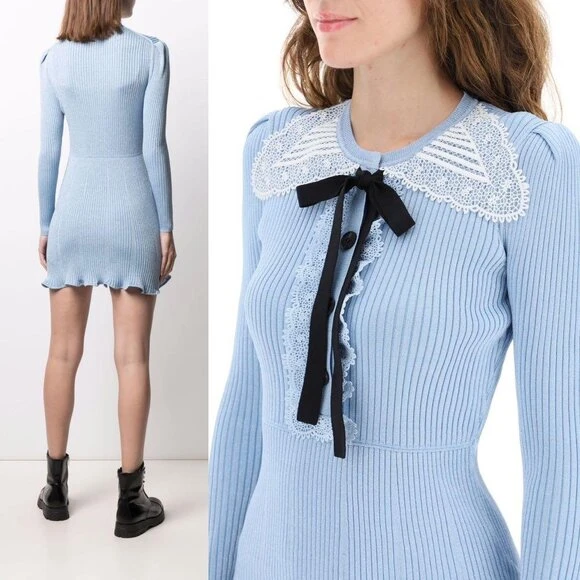 Self-Portrait Blue Ribbed Lace Collar Mini Dress - photo 4