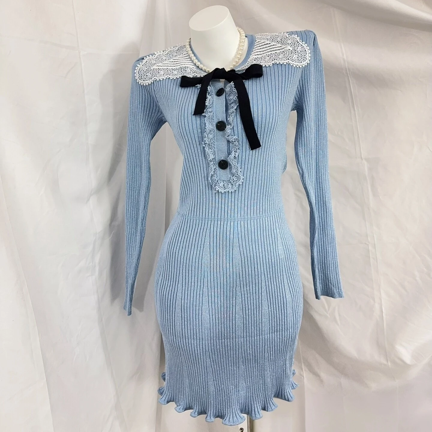 Self-Portrait Blue Ribbed Lace Collar Mini Dress - photo 5