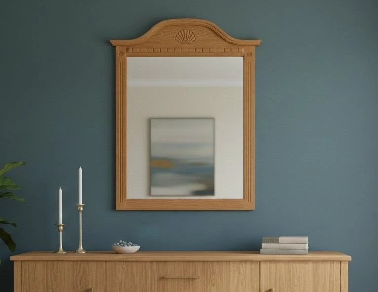 Beautiful Oak Wood Mirror with Carved Shell Detail. 32" x 44"