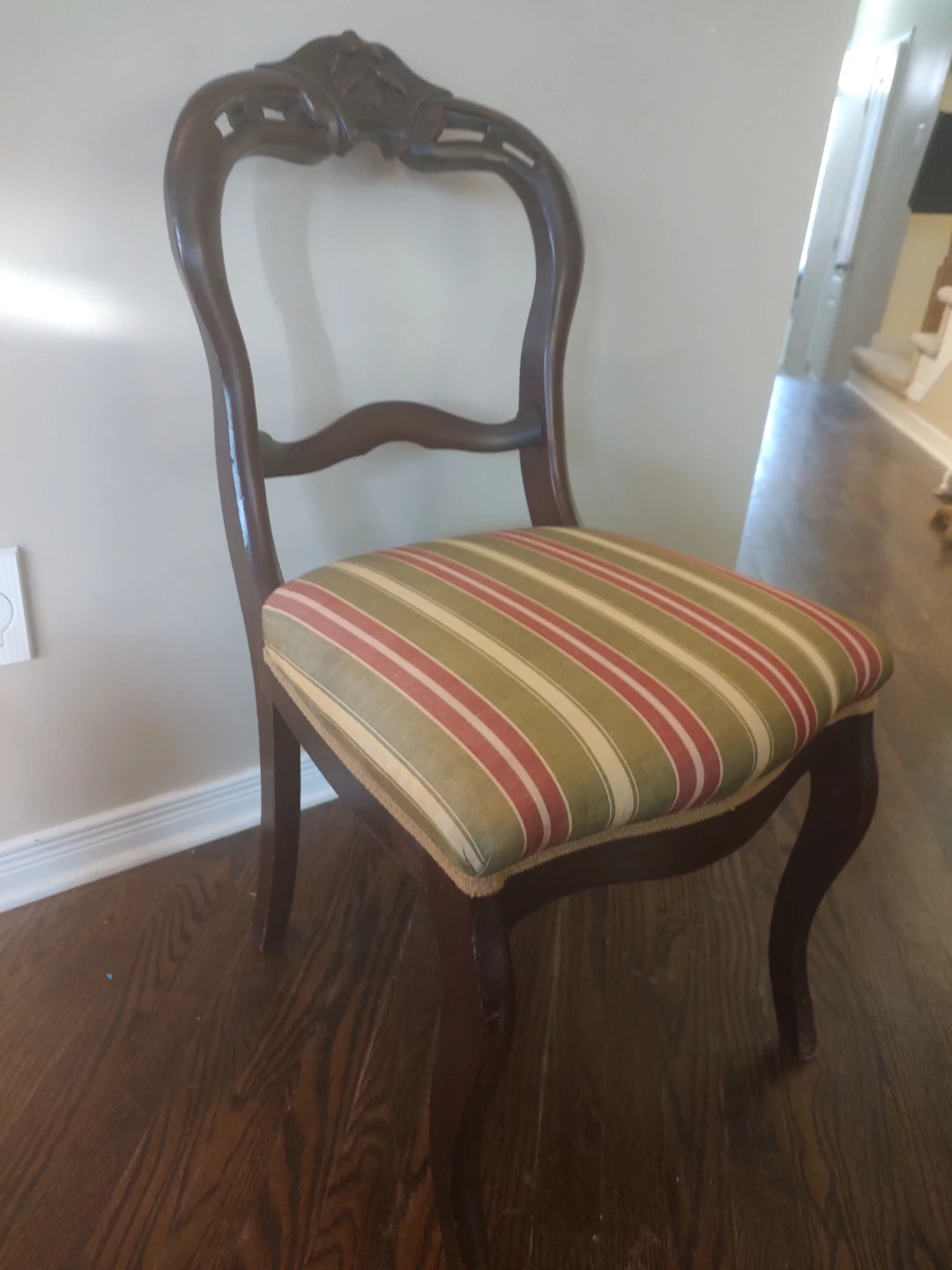 Antique Wooden Accent Chair with Striped Upholstery