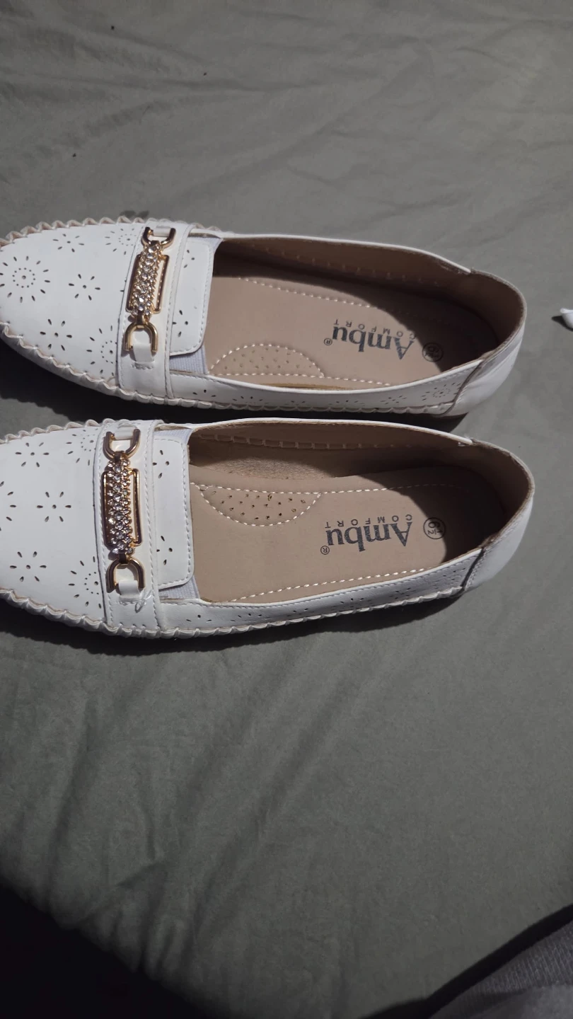 Ambu Comfort White Loafer Flats with Rhinestone Detail