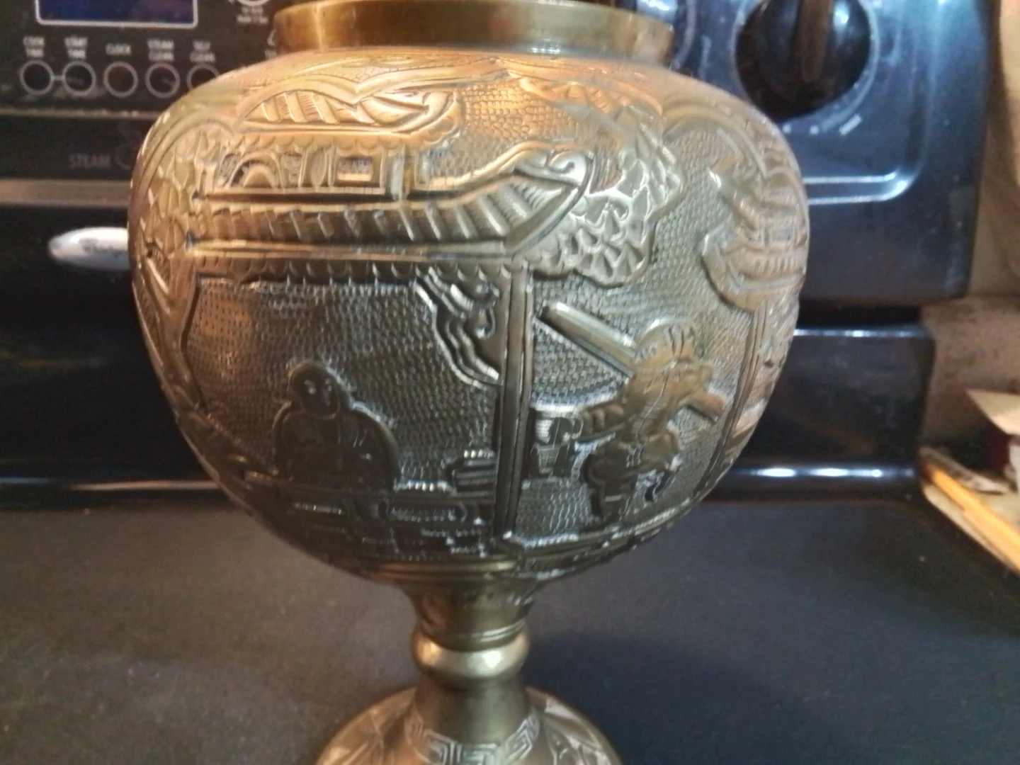 Antique Asian Hand Engraved Brass Lidded Urn 9" - photo 5