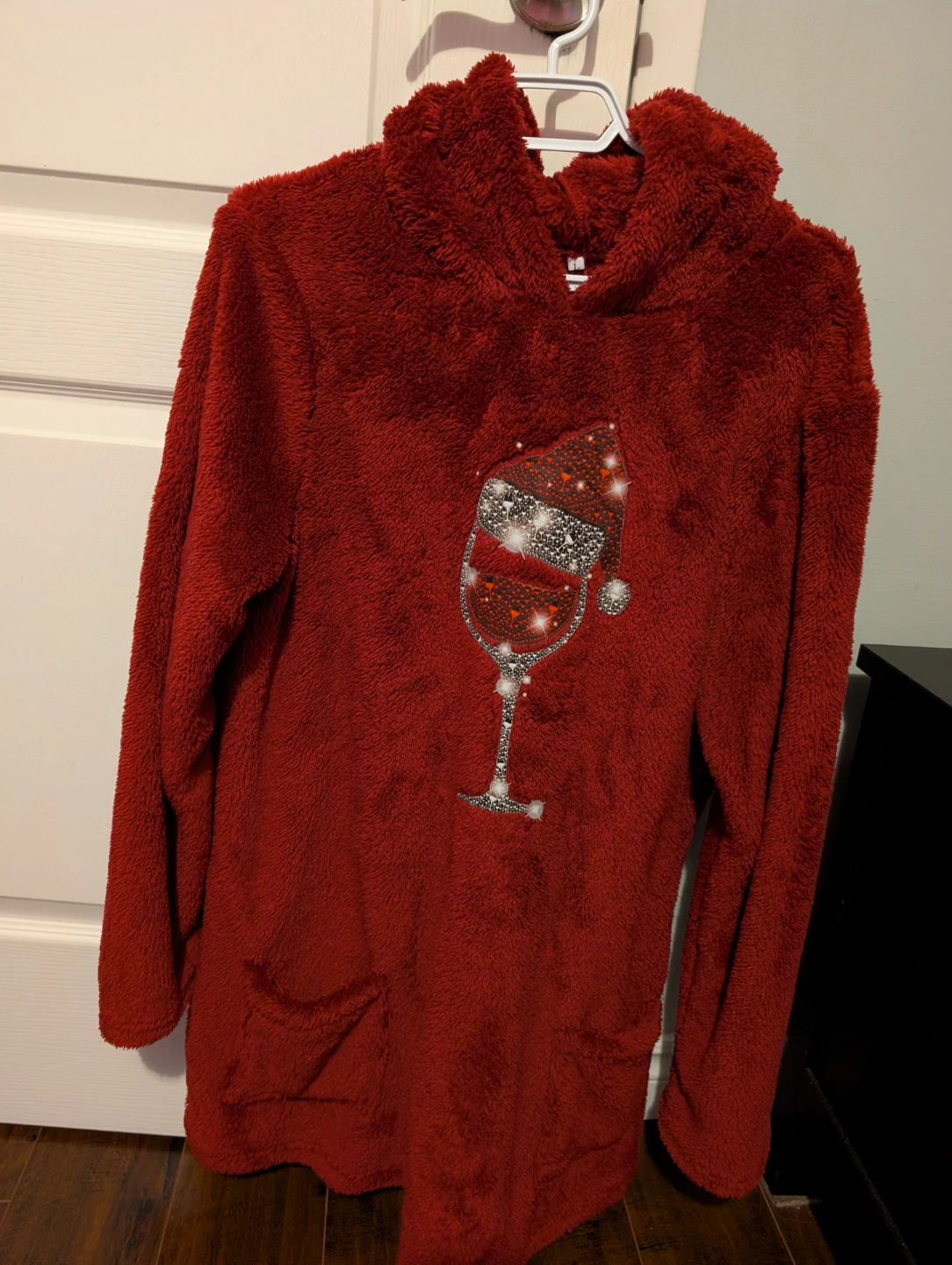Red Fuzzy Christmas Pajama Top with Wine Glass