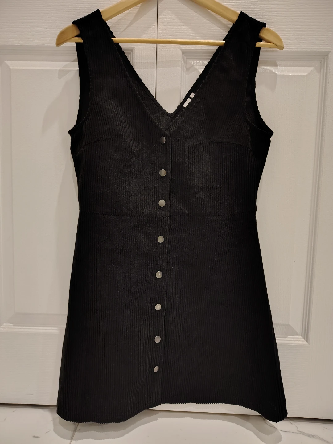 Black Corduroy V-Neck Button-Up Dress - Size M