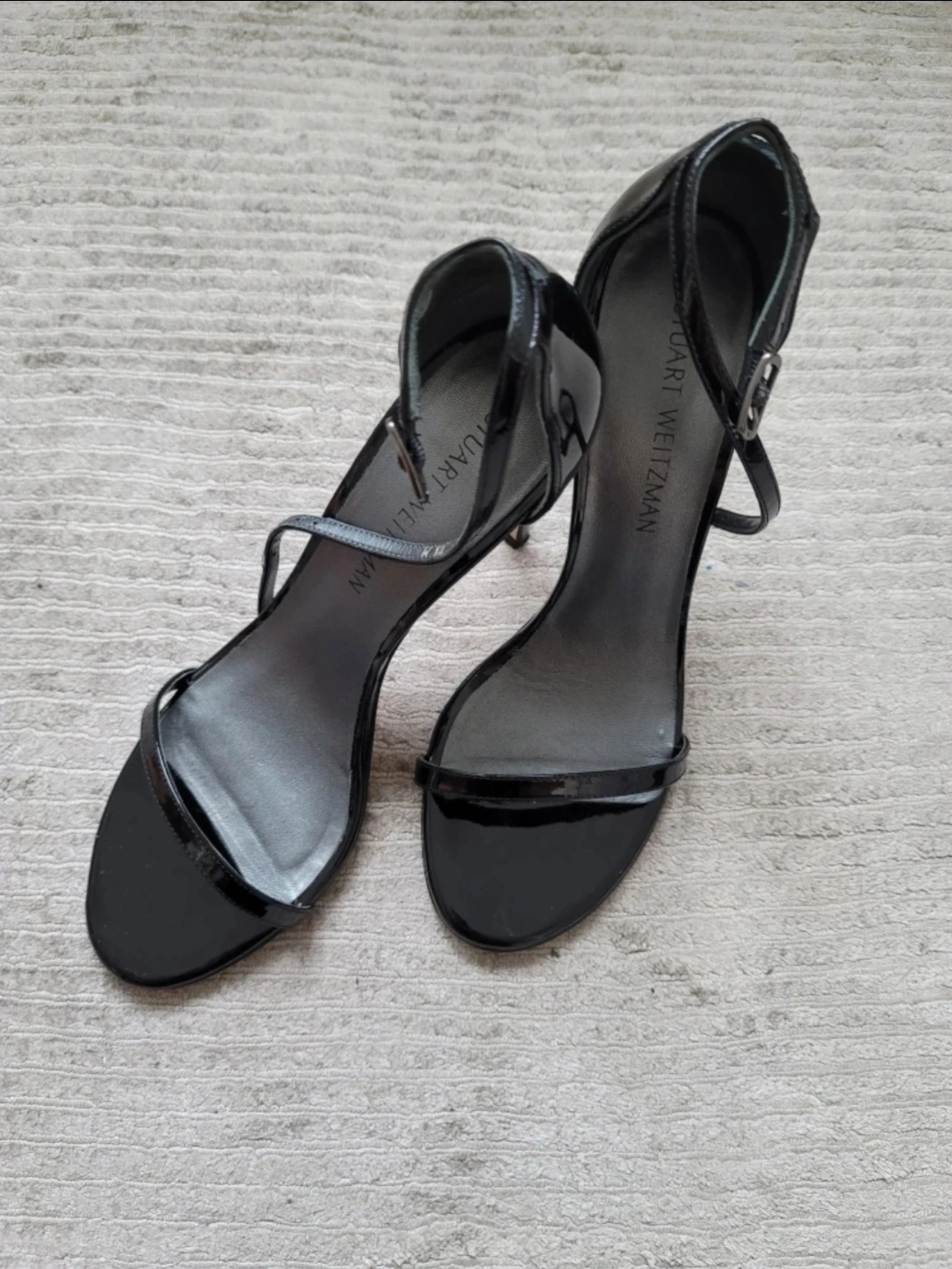 Stuart Weitzman Black Patent Leather Ankle Strap Heels