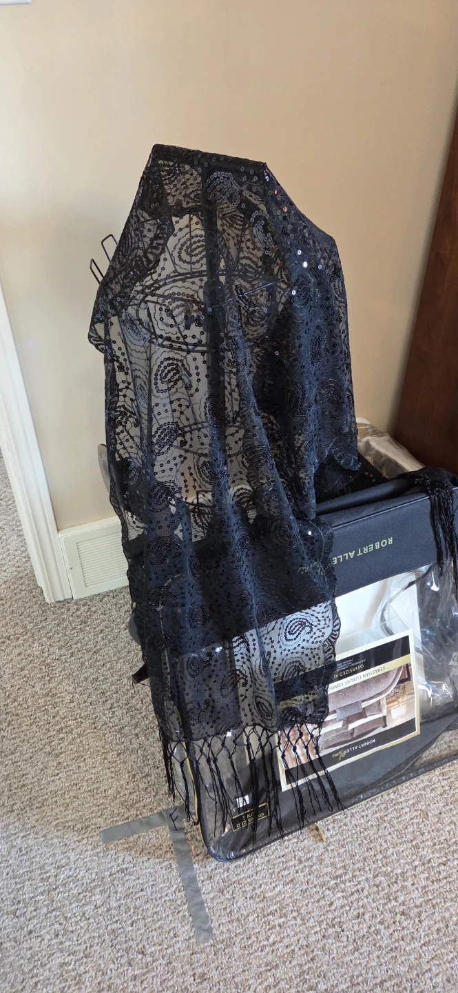 Black Sequin Paisley Scarf with Fringe