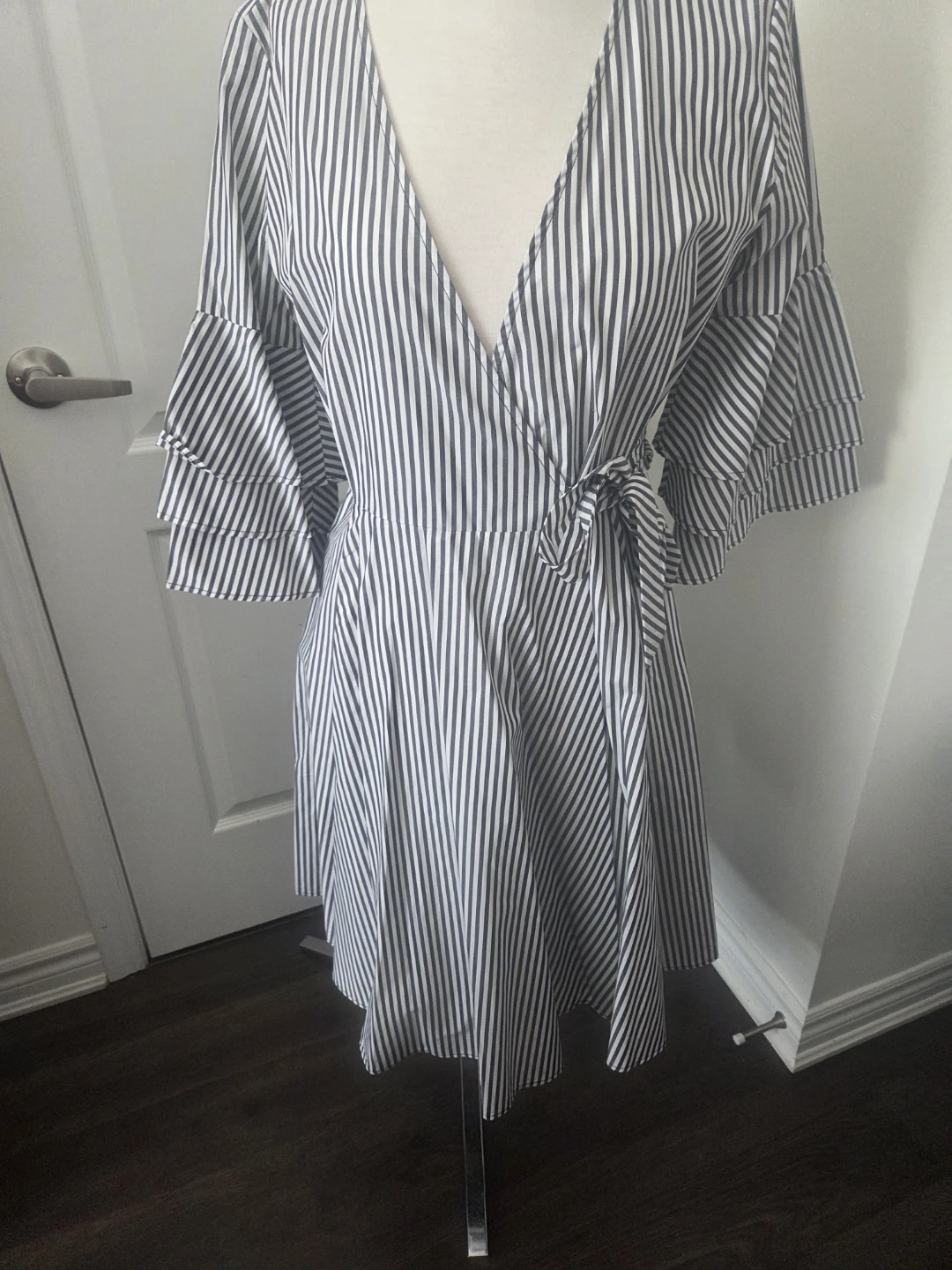 Striped Ruffle Sleeve Wrap Dress - photo 3