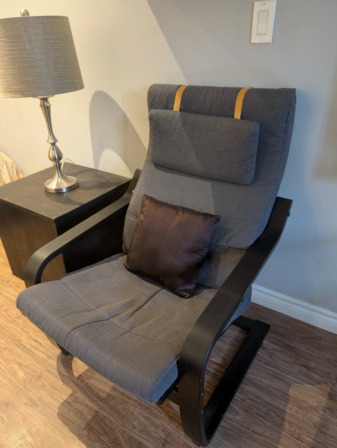 Grey Recliner Chair with Headrest and Accent Pillow