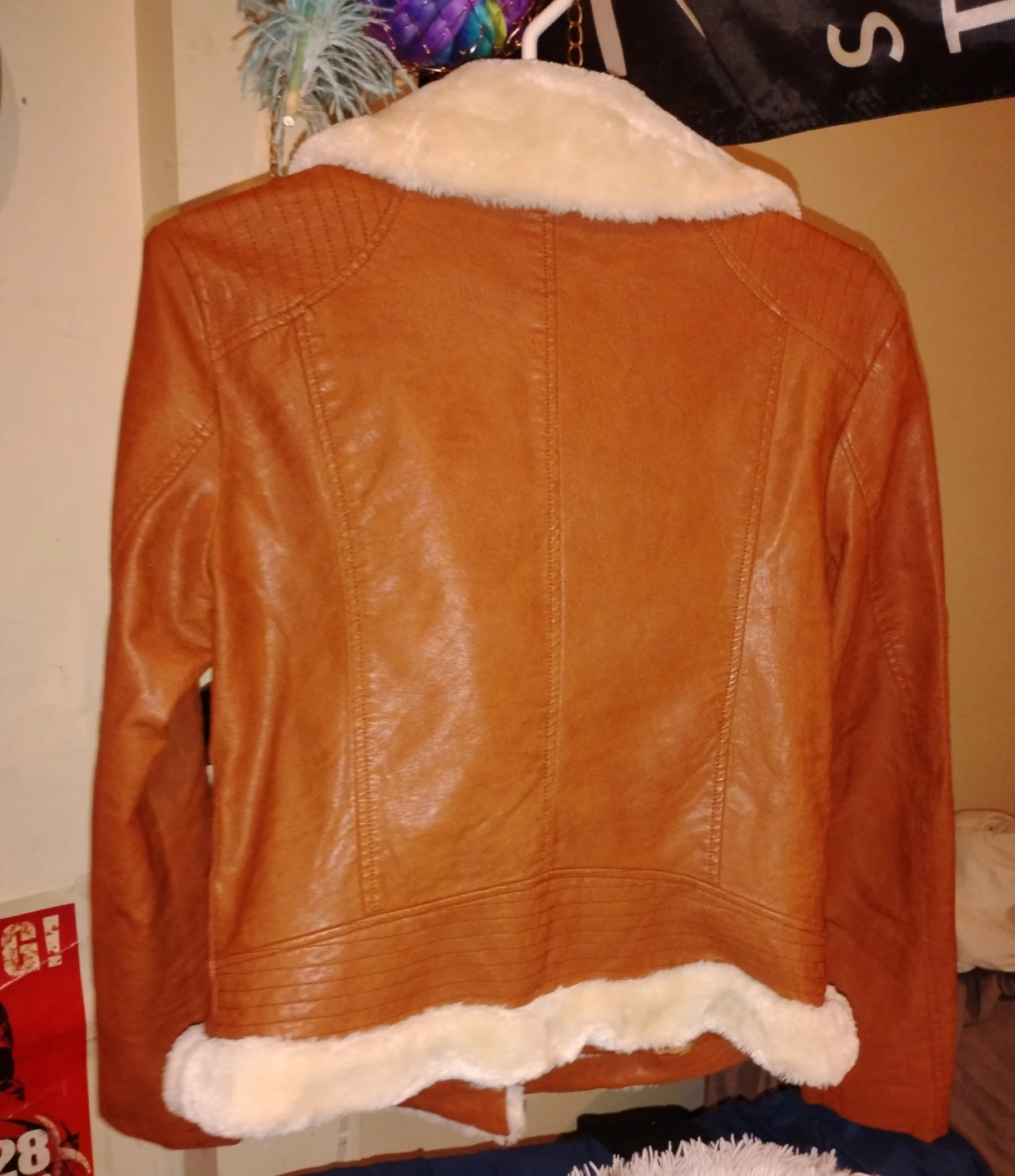 Mamo Brown Faux Leather Moto Jacket with Sherpa Collar Size 38 - photo 2