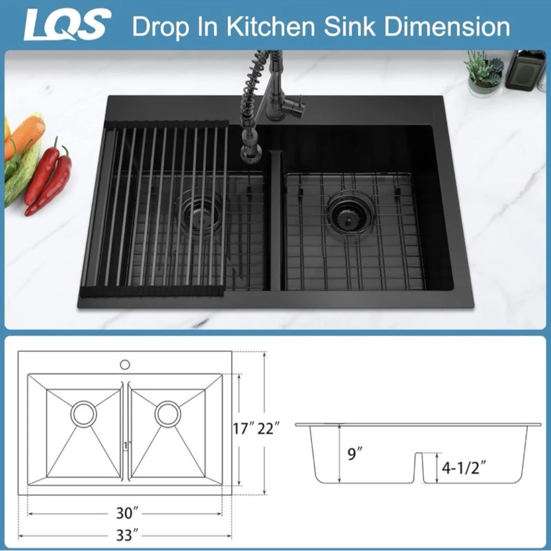 Kitchen Sink, 50/50 Black Double 33" x 22" Black Drop in 16 gaug