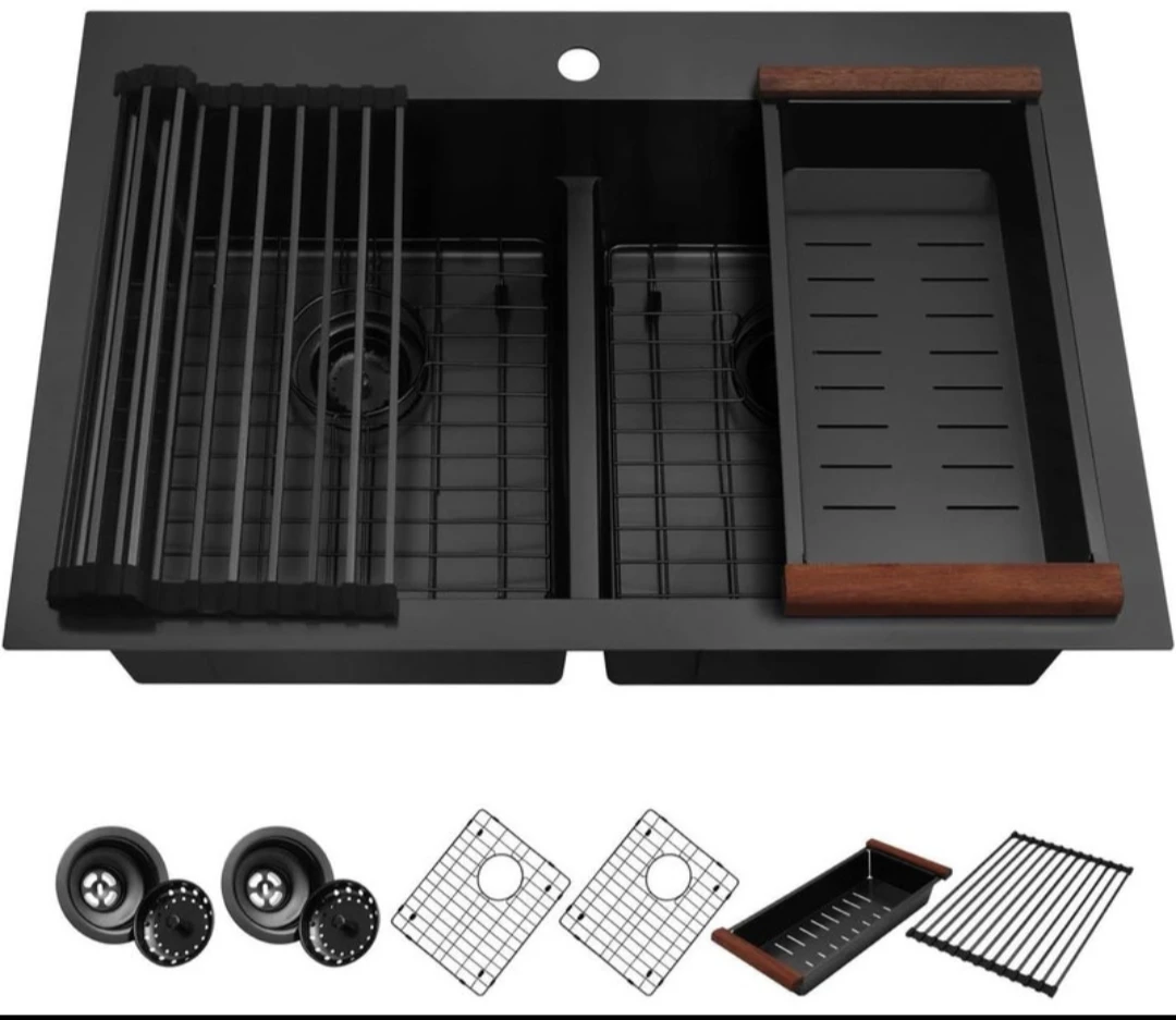 Kitchen Sink, 50/50 Black Double 33" x 22" Black Drop in 16 gaug - photo 4
