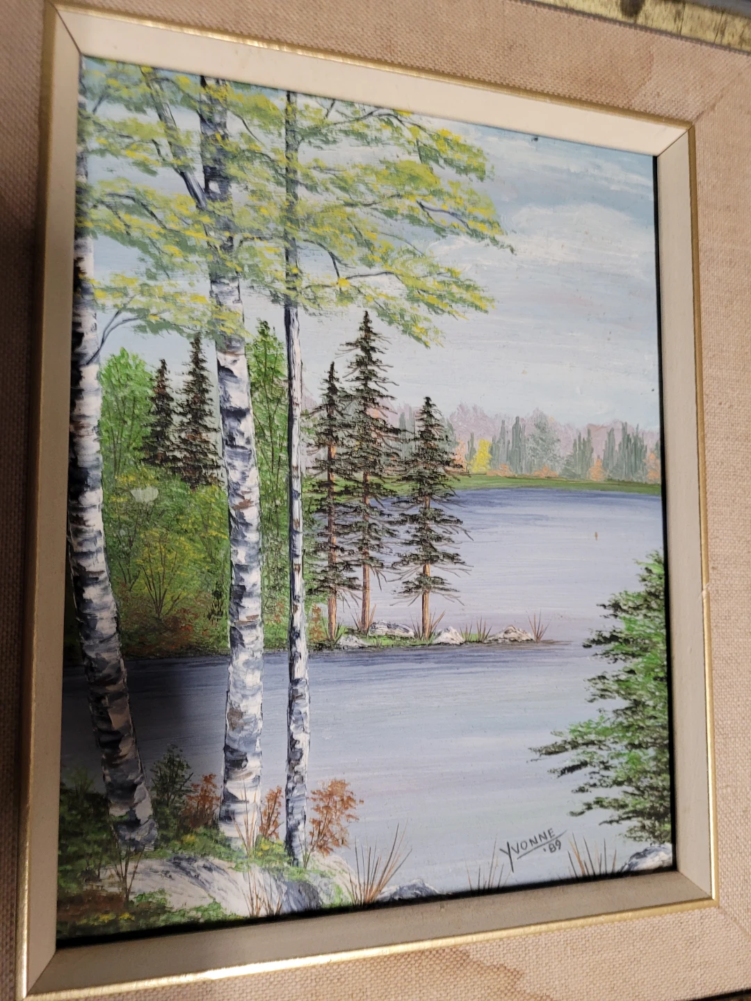 Vintage "Birch Trees by the Lake" Oil Painting by Yvonne '89