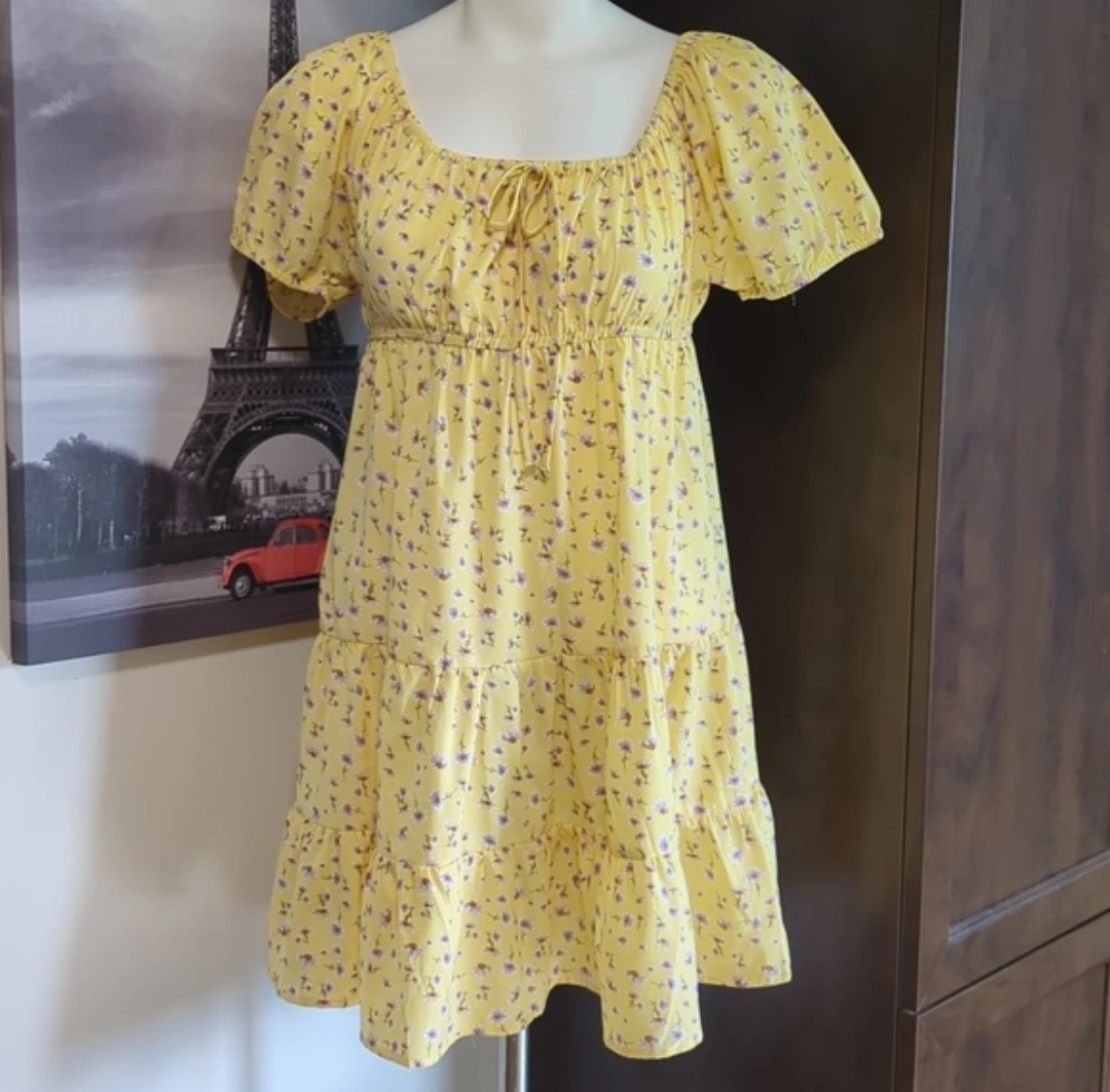 Yellow Floral Puff Sleeve Tiered Dress