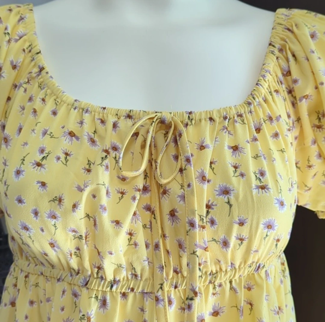 Yellow Floral Puff Sleeve Tiered Dress - photo 2