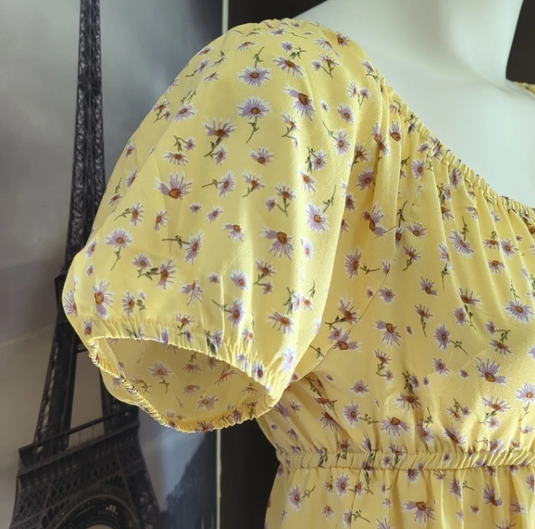 Yellow Floral Puff Sleeve Tiered Dress - photo 3