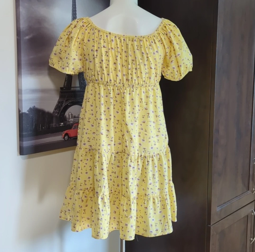 Yellow Floral Puff Sleeve Tiered Dress - photo 4