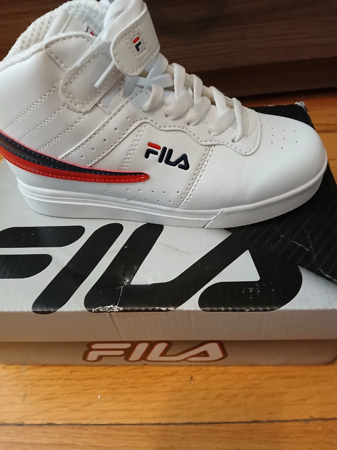 Fila Kids White High-Top Sneakers with Red and Blue Accents
