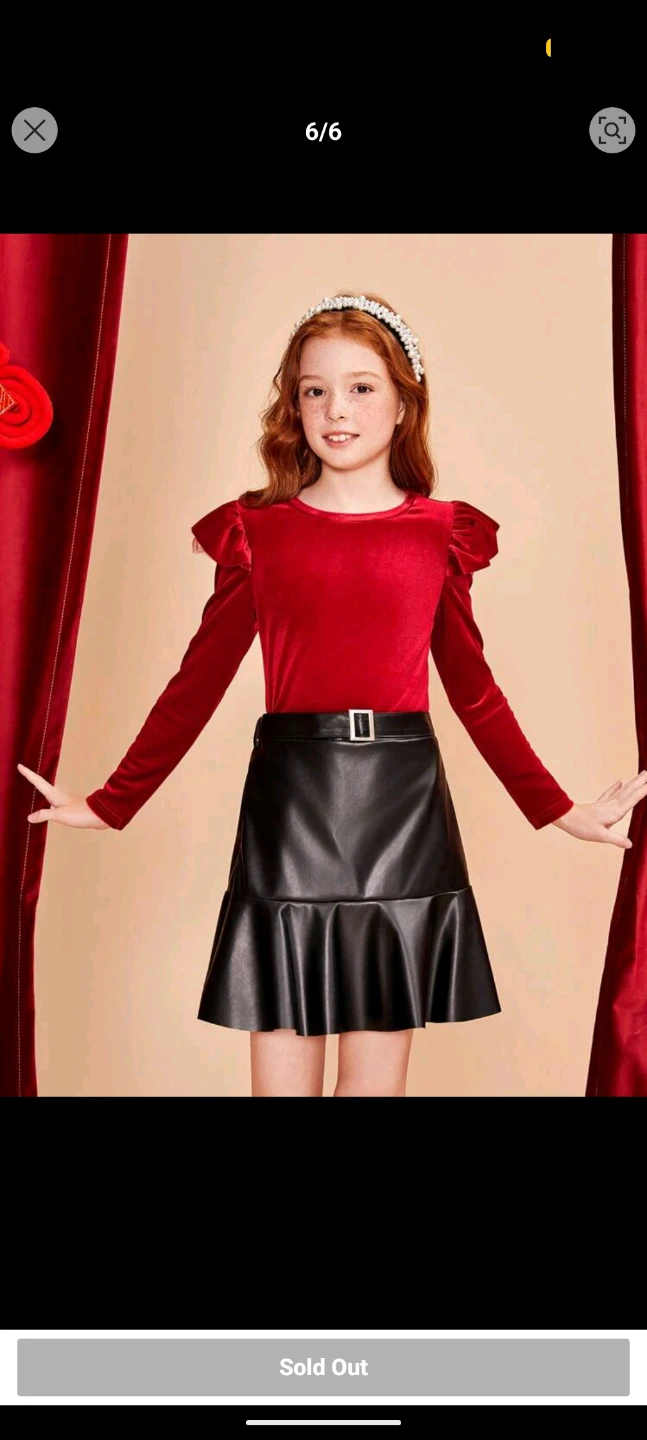 Girls Red Velvet Top & Black Faux Leather Skirt Set