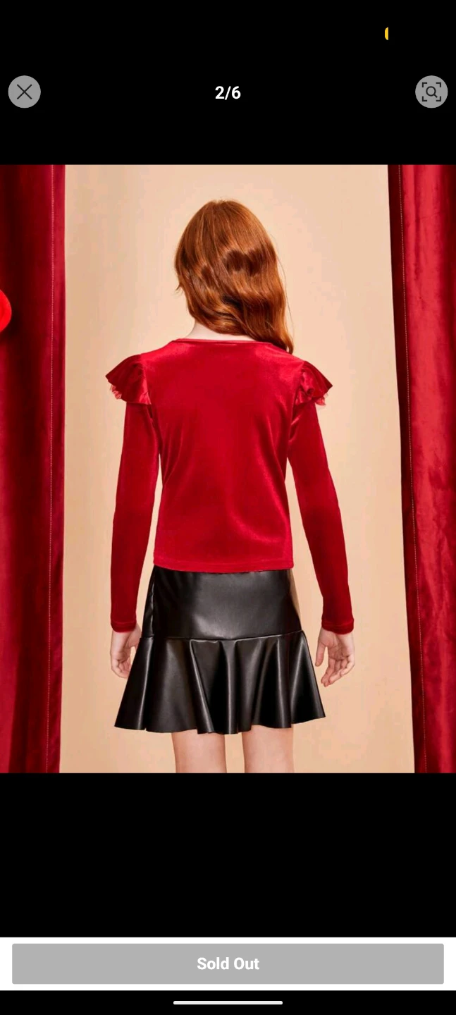 Girls Red Velvet Top & Black Faux Leather Skirt Set - photo 2