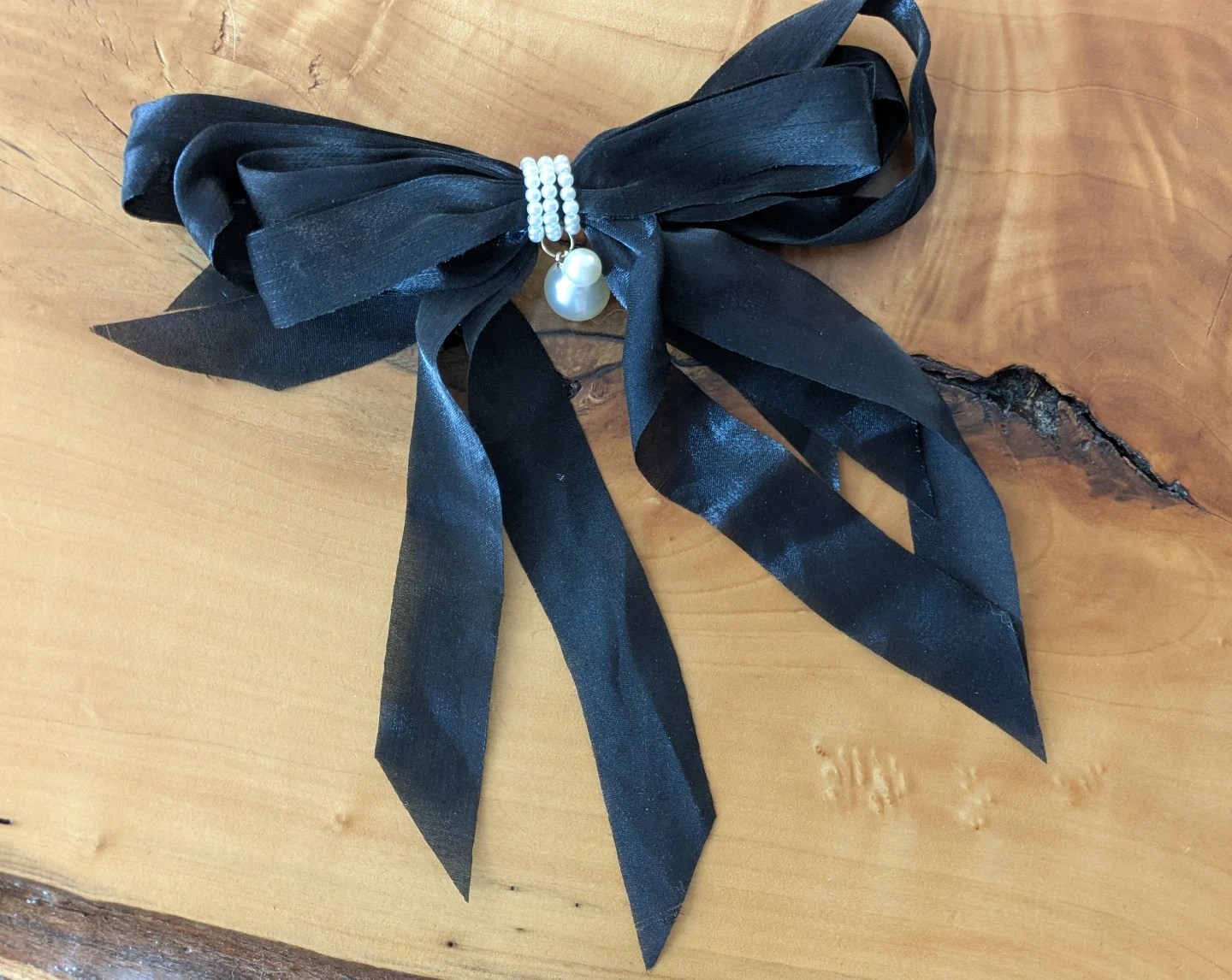 Black Ribbon Bow Hair Clip with Pearl