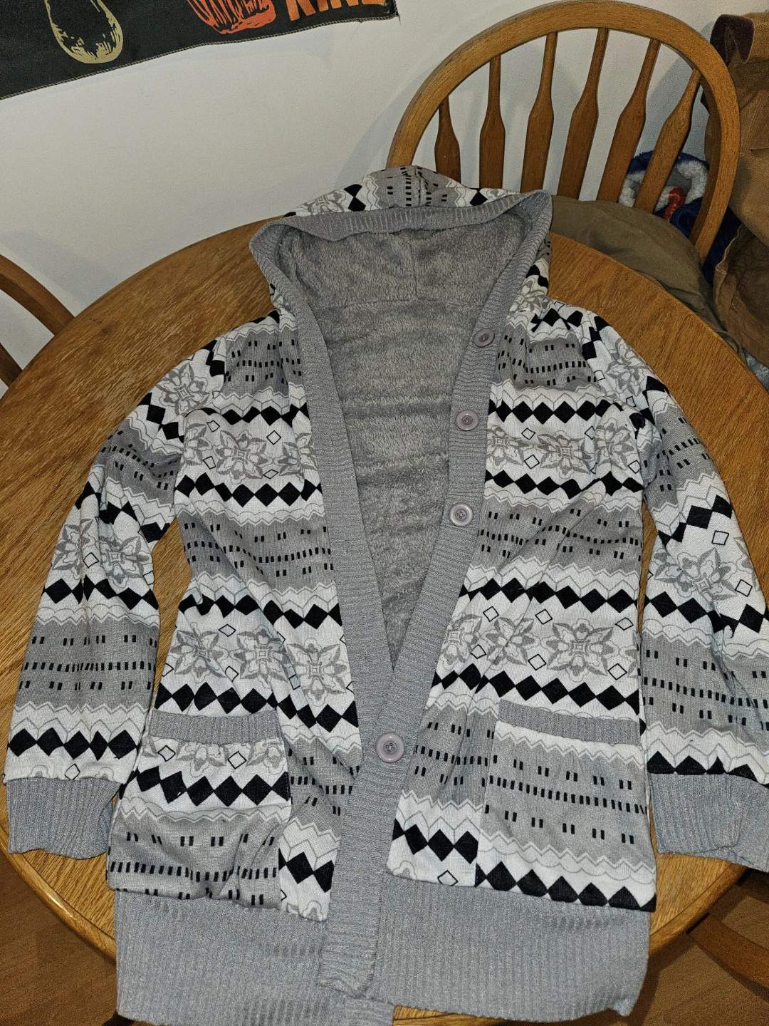 Grey Snowflake Pattern Cardigan with Hood